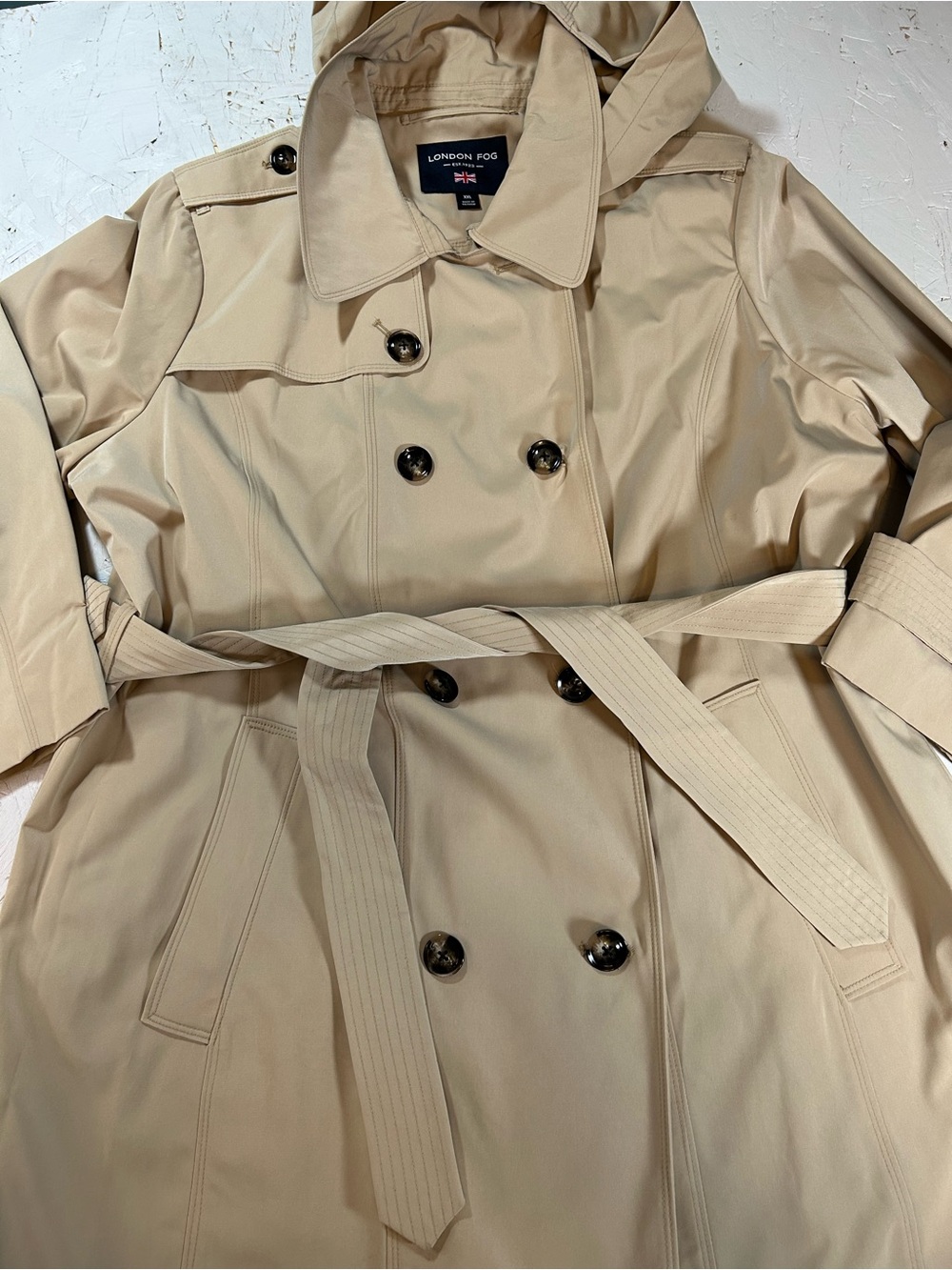 London Fog Hooded Belted Trench Coat in Beige XXL